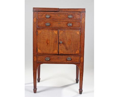 George III mahogany and satinwood inlaid washstand, the hinged top with fan inlay opening to reveal a wash basin compartment,