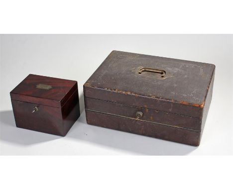 19th Century mahogany campaign tea caddy, the mahogany case with a sunken handle enclosing storage space, together with a lea