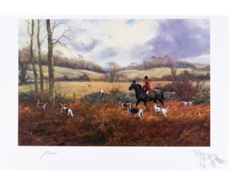 [HUNTING]. JOHN TRICKETT (BRITISH, CONTEMPORARY)  Huntsmen and hounds checked,  colour print, limited edition 136/850, signed