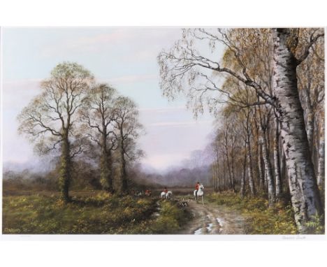 [HUNTING]. JOHN CAESAR SMITH (BRITISH, B.1930)  Huntsmen at a woodland edge,  colour print, limited edition 233/750, signed l