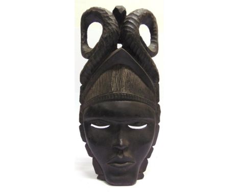 TRIBAL ART - AN AFRICAN CARVED WOOD WALL MASK  40.5cm high.