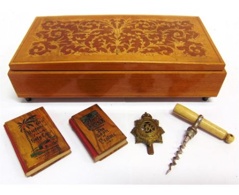 ASSORTED COLLECTABLES comprising a Sorrento ware trinket box, with a Swiss musical movement, 22cm wide; two minature books, 1