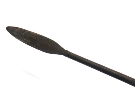 AN AFRICAN HUNTING SPEAR  with a hide band at the head of the wood shaft, overall 116.5cm long.