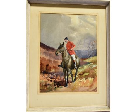 [HUNTING]. ERIC GODDARD (BRITISH, 20TH CENTURY)  Huntsman on a dark bay horse, possibly Exmoor,  watercolour, signed and date