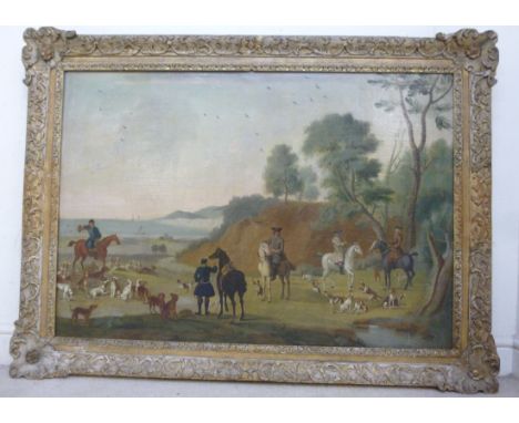 Mid 19thC British School - a hunting scene with men on horseback with hounds, in a landscape and the sea beyond  oil on canva
