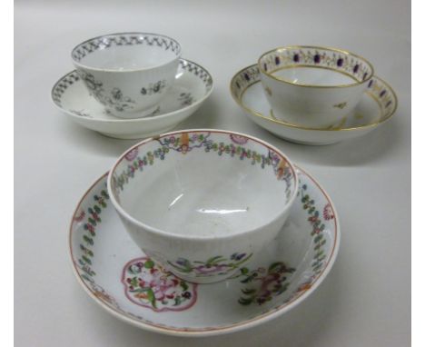 Three late 18thC New Hall porcelain tea bowls and saucers, respectively decorated in monochrome with floral sprigs  pattern n