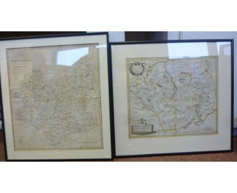 A late 17thC Robert Mordan coloured county map 'Leicestershire' having a banner title cartouche and a tablet scale of miles, 