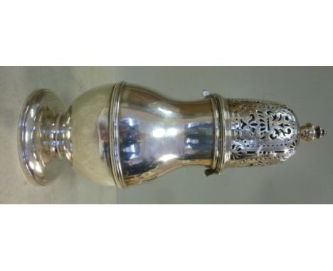 An early 18thC English silver pedestal vase shaped caster of bulbous form, having an applied wire waist band and a decorative