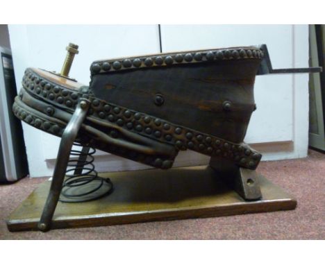 Late 19thC light oak and studded brown hide, foot operated 'British Alcosa Bellows'