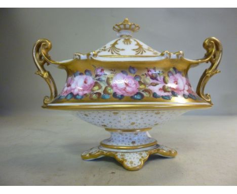 A Royal Crown Derby china miniature, twin handled oval, pedestal vase and cover with a crown finial, decorated with roses and