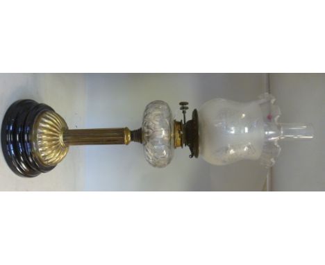 A late Victorian oil lamp, having a Hink's Duplex Patent burner, on a slice decorated, clear glass reservoir, a reed moulded,