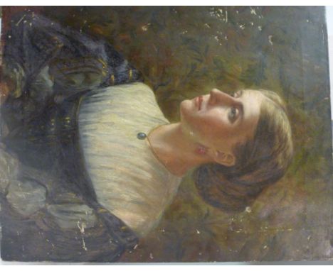 Early 20thC British School - a head and shoulders portrait, a young woman wearing her hair in a bun  oil on canvas  20'' x 16