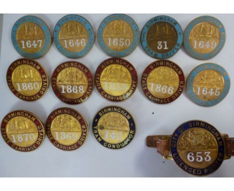 Six circular cast gilt metal and red enamel public transport licence badges, bearing the city arms and inscribed Birmingham S
