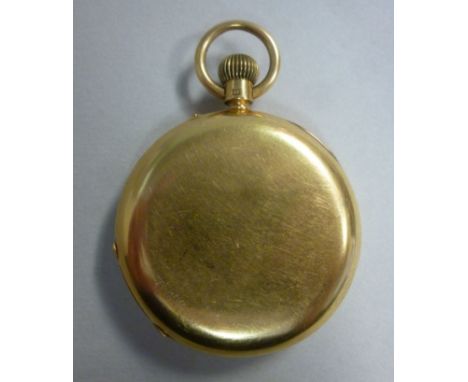 An 18ct gold cased full hunter pocket watch, the keyless movement faced by a white enamel Roman dial with subsidiary seconds