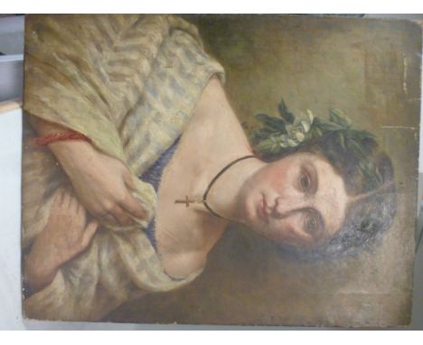 Late 19thC Continental School - a head and shoulders portrait, a young woman with flowers in her hair  oil on canvas  18'' x 