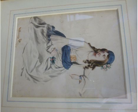 Early 20thC Eastern European School - a portrait, a young woman wearing a cream coloured dress, a blue sash and a cap  waterc