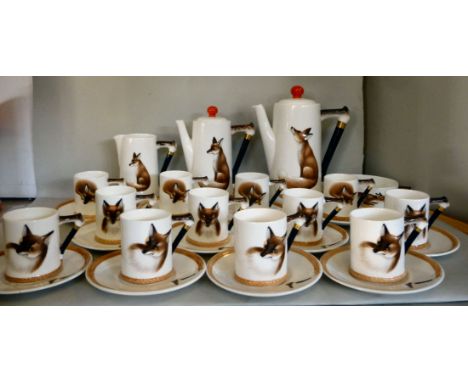 A Royal Doulton English bone china 'Reynard the Fox' coffee set  pattern no.4927  comprising a coffee pot, a covered hot wate