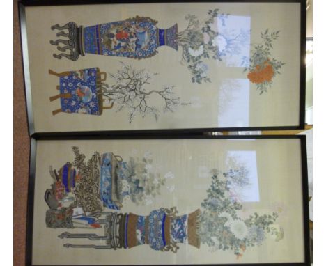 A pair of 19thC Chinese paintings on silk, one featuring a twin handled vase on a carved stand, a planter, mixed flora and va