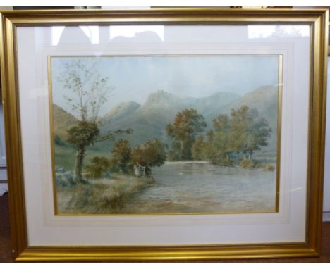 G Gregory - a highland riverscape with a girl by a gate in the foreground  watercolour  bears a signature & dated 1893  21'' 