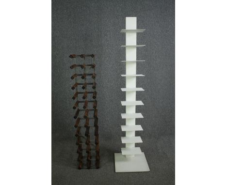 A contemporary open book shelf along with a wine rack. H.152cm. (largest). 