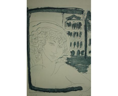 A 20th century French School etching of a woman, indistinctly signed, framed and glazed. H.53 W.38cm. 