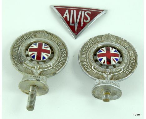 Two vintage RAC Royal Automobile Club Associate car badges numbered F30593 & F31469 and a chrome & enamel Alvis radiator badg