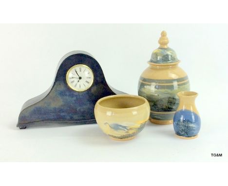 3 bostcastle pottery items together with a porcelain clock by Susan Griffith's