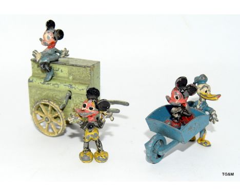 Rare Charbens Toys Mickey Mouse Organ grinder and Donald Duck Wheel Barrow