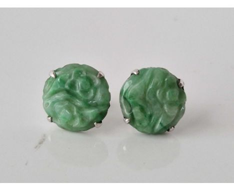 A pair of white gold and jade earrings 18ct gold