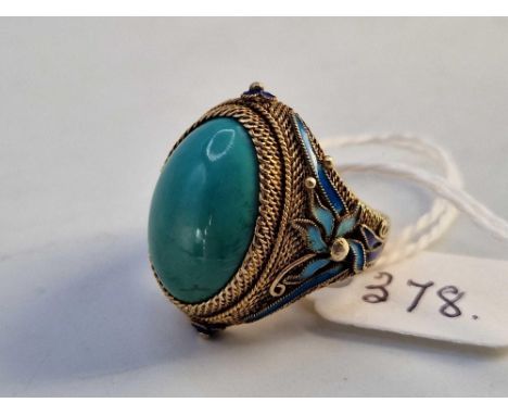 A large Chinese silver gilt filigree enamel and turquoise ring, size N