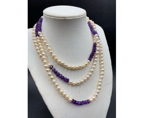 A fantabulous pearl and amethyst opera length faceted necklace 46 inch