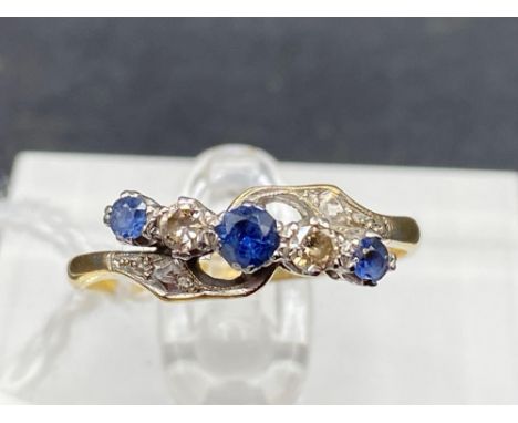 A art nouveau sapphire and diamond fancy five stone ring 18ct gold size Q 2.4 gms
