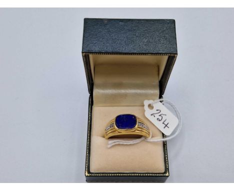 A LARGE 18ct TESTED LAPIS LAZULI &amp; DIAMOND RING, size Z, 7.9 g boxed