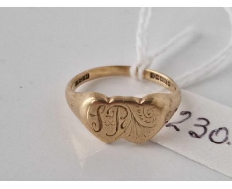 A double heart signet ring, 9ct, size P, 3.8 g.