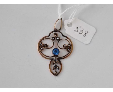 A blue stone and pearl pendant 9ct 2.5 gms