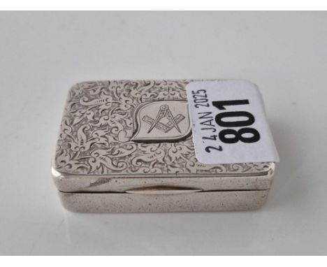 A Masonic engraved snuff box with gilt interior, 2.1/4" wide, Birmingham 1898 by RB, 65g