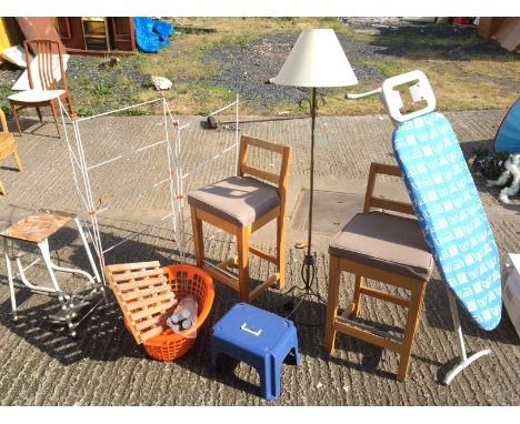 *A varied lot. A standard lamp two bar stools an ironing board and others.