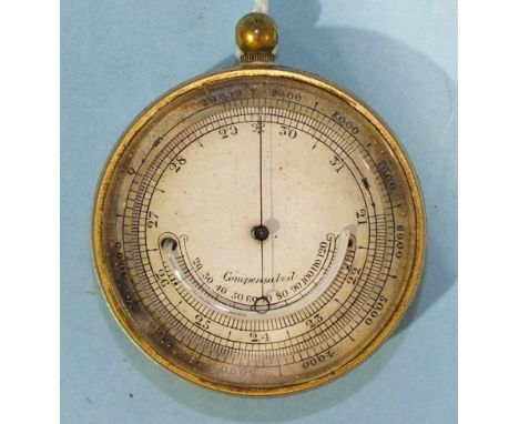 A 19th century compensated pocket barometer/thermometer with gilt metal case, 4.5cm diameter, (top loop missing).