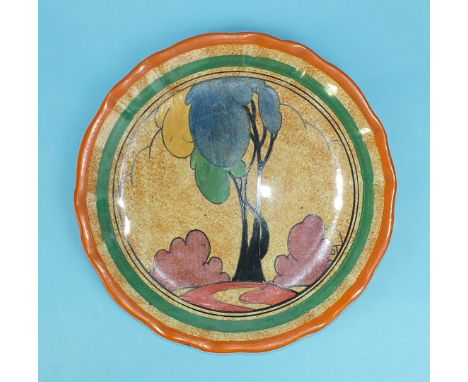 A Clarice Cliff Bizarre 'Cafe au Lait, Autumn', (balloon trees) decorated plate, 30.5cm diameter, factory mark with facsimile