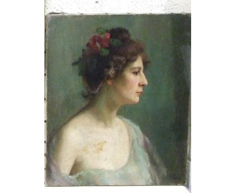 Sara Wells Page  (1855-1943) SHOULDER PORTRAIT OF A WOMAN WEARING A FLOWER IN HER HAIR AND A GREEN ROBE Signed oil on canvas,