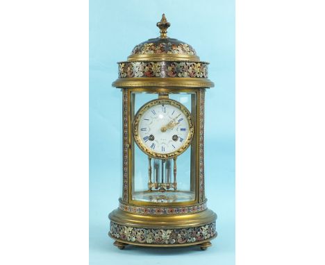 A 19th century French champlevé enamel four-glass mantel clock of cylinder shape with dome top, the circular enamelled dial w