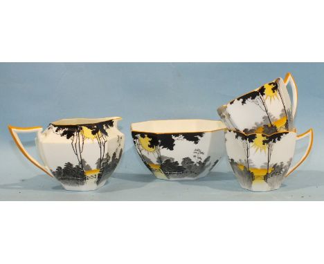 Forty-one pieces of Shelley Queen Anne shape 'Sunrise and Tall Trees' pattern tea ware, no.11678, including two serving plate