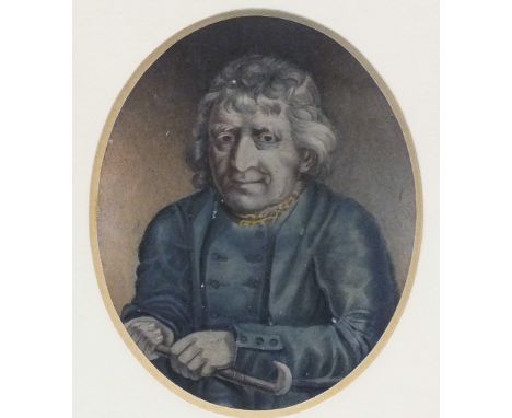 19th century English School, 'Portrait of an elderly gentleman holding a walking stick', 10.5 x 9cm, (An inscription to the r