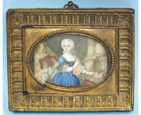 A 19th century Continental School miniature on ivory, 'Portrait of a noble lady in an interior wearing ermine and holding a c