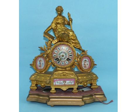 A French gilt spelter and porcelain-mounted mantel clock with drum movement by Japy Frères, on wood base, 38cm high.