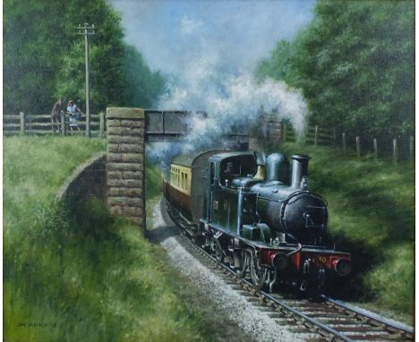 Don Breckon (1935-2013) GWR CLASS 0-4-2-T NO.1450 STEAM ENGINE PASSING UNDER FOOTBRIDGE Signed oil on canvas, 49.5 x 59.5cm, 