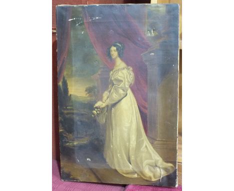 After Sir Thomas Lawrence (19th/20th Century) PORTRAIT OF A FASHIONABLE LADY IN PERIOD COSTUME, HOLDING A BONNET Oil on canva