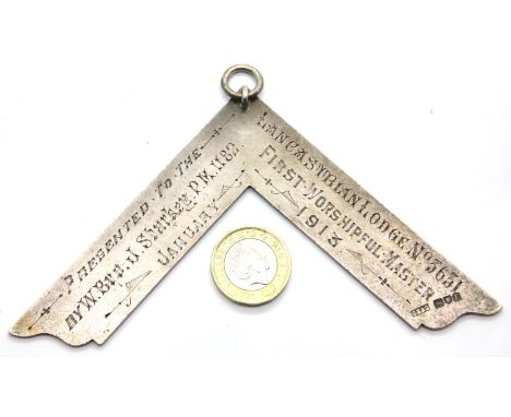 Hallmarked silver Masonic sash square for Lancastrian Lodge 3651, inscribed and dated 1913. P&amp;P Group 1 (£14+VAT for the 