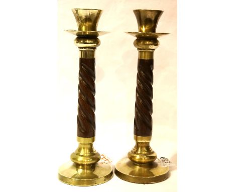 Pair of wood and brass candlesticks, H: 31 cm. P&amp;P Group 3 (£25+VAT for the first lot and £5+VAT for subsequent lots) 