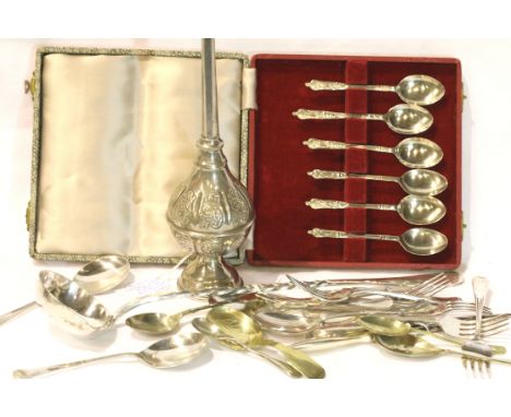 Quantity of silver plate and silver items including metal water dropper, white metal wrythen twist toddy ladle etc. P&amp;P G